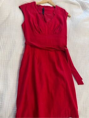Sleeveless Red V-Neck Midi Dress with Self-Tie Waist